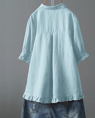 Solid Casual 3/4 Sleeve Turn-down Collar Tops