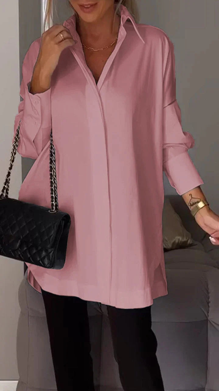 Women Long Sleeve Blouse Lapel Slit Shirt