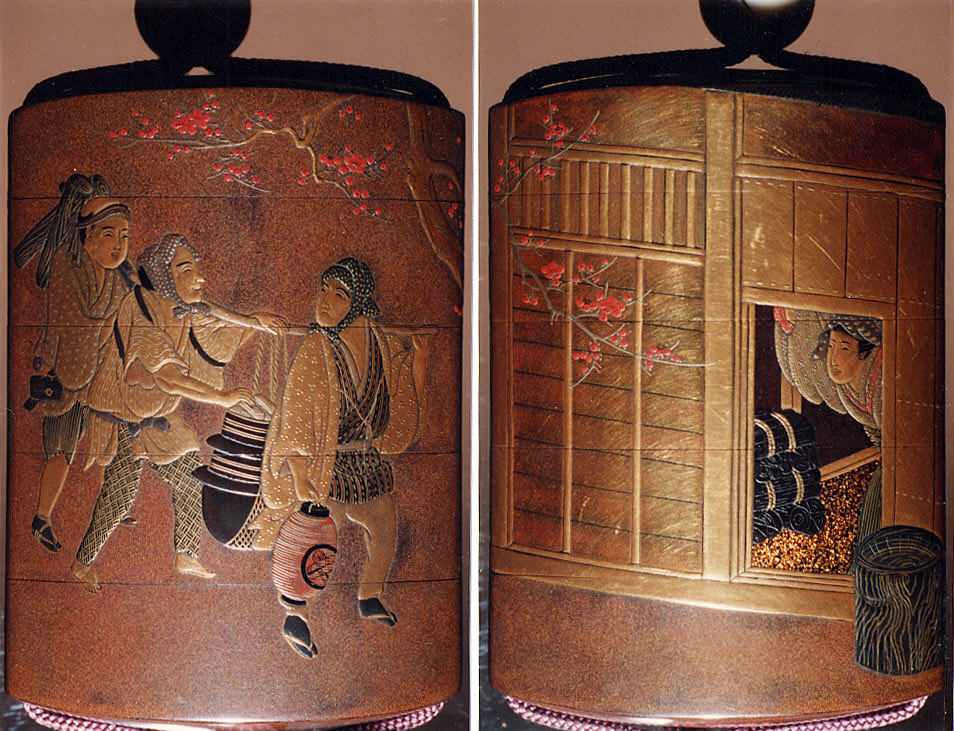 Case Inr with Design of a Teahouse obverse Three Travelers En Route reverse by Yamada Jōkasai (1681–1704) - Classic Art canvas print