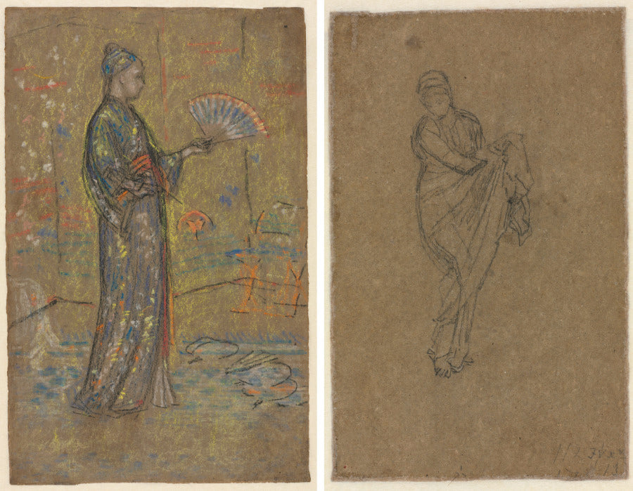 Japanese Woman Painting a Fan recto Standing Woman Holding Up Her Dress verso by James McNeill Whistler (American, 1834–1903) - Classic Painting canvas print