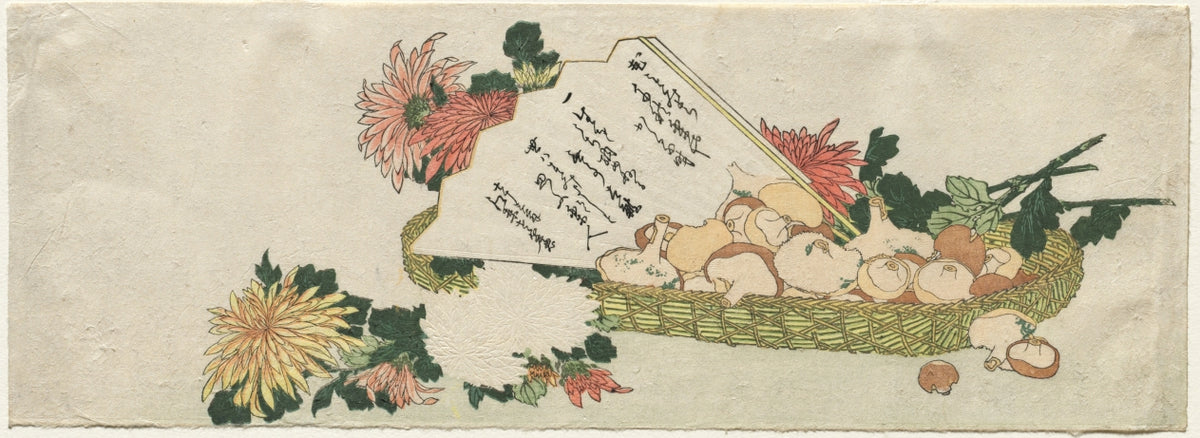Basket with Fan, Chrysanthemums, and Mushrooms by Katsushika Hokusai (Japanese, 1760–1849) - Classic Painting canvas print