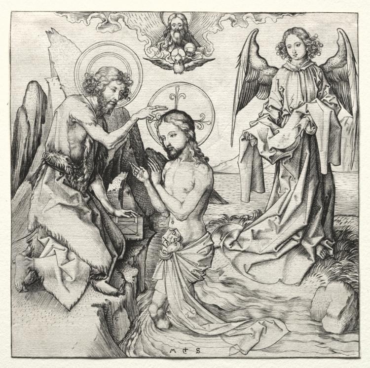 The Baptism of Christ in the Jordan by Martin Schongauer (German, c. 1450–1491) - Classic Painting canvas print