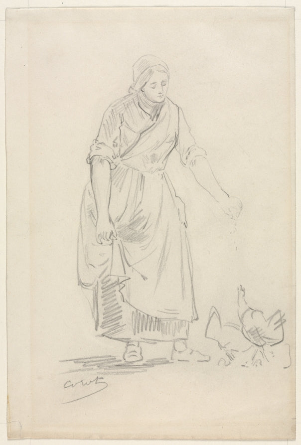Peasant Girl Feeding Chickens by Jean Baptiste Camille Corot (French, 1796–1875) - Classic Painting canvas print