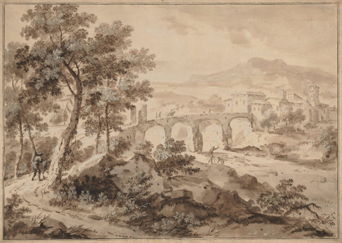 Landscape with Bridge by Marco Ricci (Italian, 1676–1729) - Classic Painting canvas print