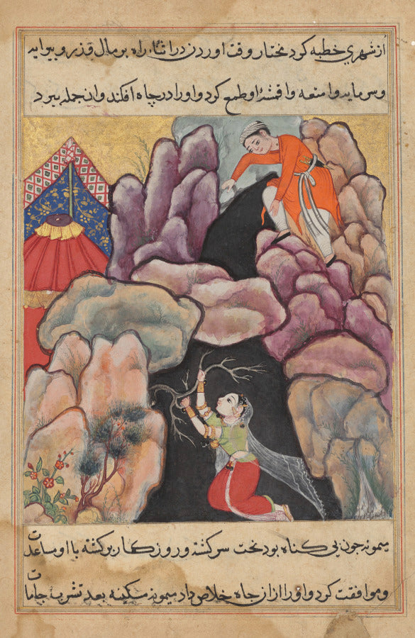 Mukhtar throws his wife Maimuna into the pit, but she saves herself, from a Tuti-nama Tales of a Parrot Twenty-fifth Night by  - Classic Art canvas print