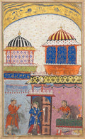 A woman asks her lover to leave her house, brandishing his sword and feigning rage in order to deceive her husband who has just arrived, from a Tuti-nama Tales of a Parrot Eighth Night by Gujarati (Indian, active 1550s-1590s) - Classic Art canvas print