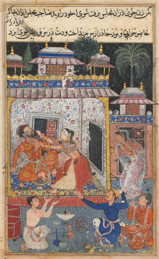 The deceitful wife assaults her erring husband, from a Tuti-nama Tales of a Parrot Eighth Night by Tara 1 (Indian, active 1550s-1590s) - Classic Art canvas print