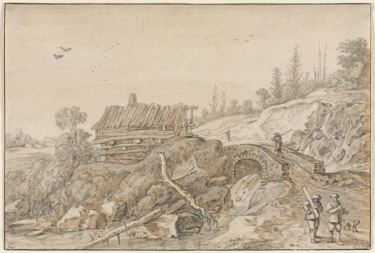 Hilly Landscape with Hut Beside a Stream by Esaias van de Velde (Dutch, 1587–1630) - Classic Painting canvas print