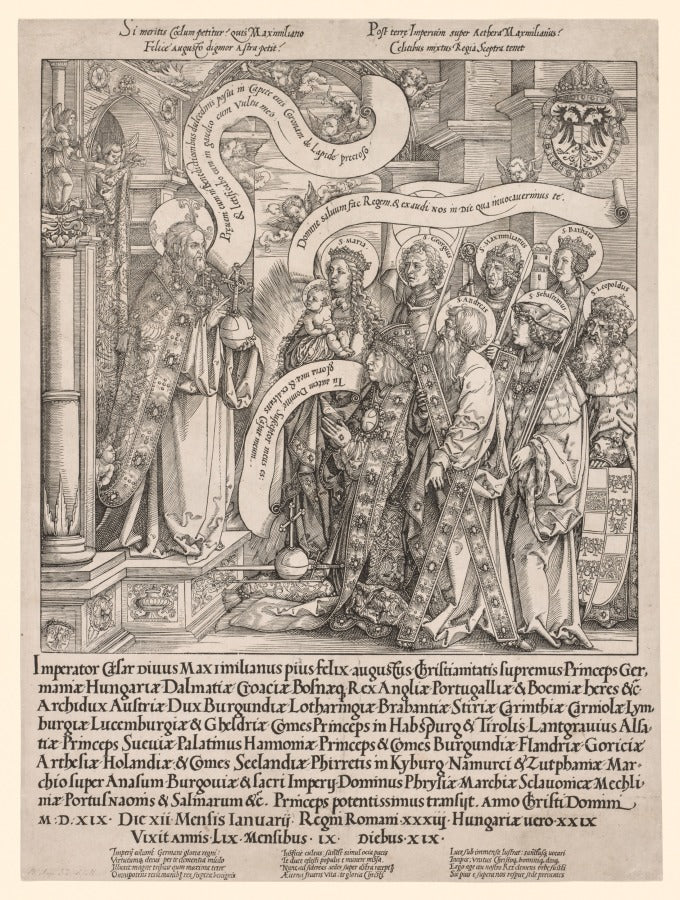 The Emperor Maximilian Presented by His Patron Saints to the Almighty by Hans Springinklee (German, 1540) - Classic Painting canvas print