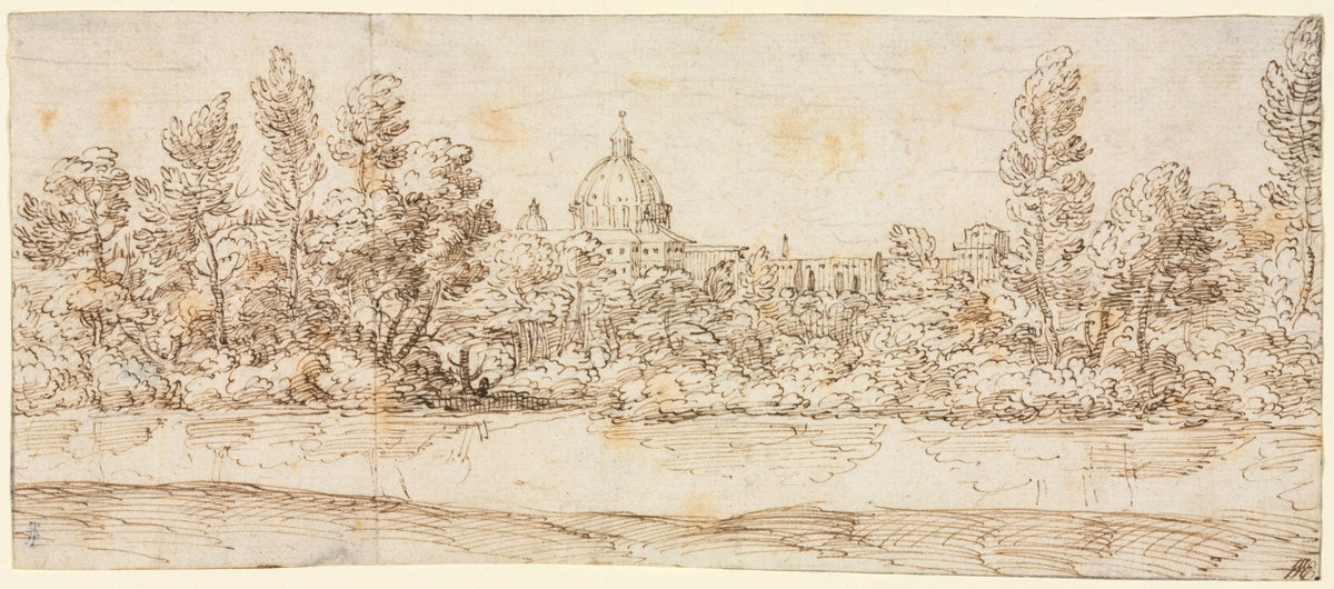 River Landscape with View of St. Peter's Basilica by Giovanni Francesco Grimaldi (Italian, 1606–1680) - Classic Art canvas print