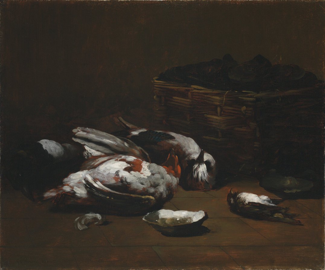 Still Life with Dead Birds and a Basket of Oysters by Germain Ribot (French, 1845–1893) - Classic Art canvas print