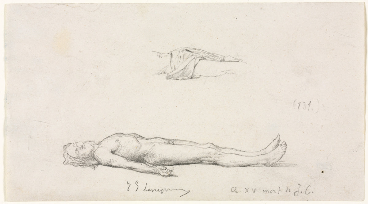 Sketch of the Dead Christ, and Detail Sketch of Loincloth by Jules Eugène Lenepveu (French, 1819–1898) - Classic Painting canvas print