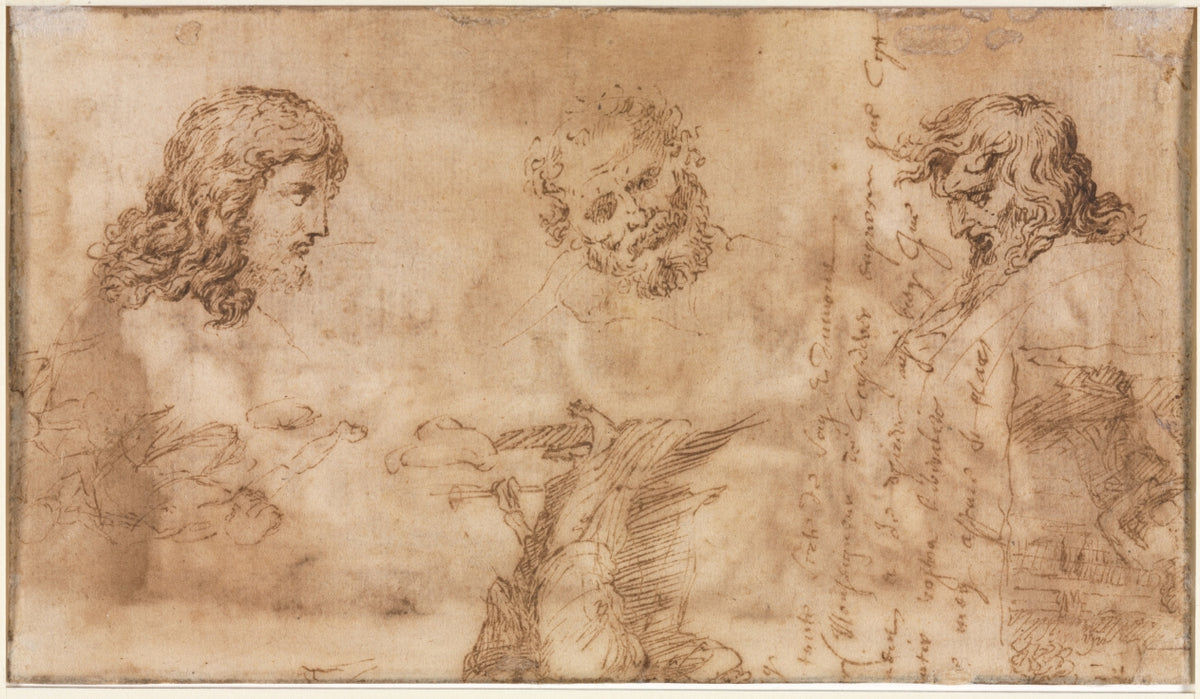 Three Heads and Other Sketches verso by Nicolas Poussin (French, 1594–1665) - Classic Painting canvas print