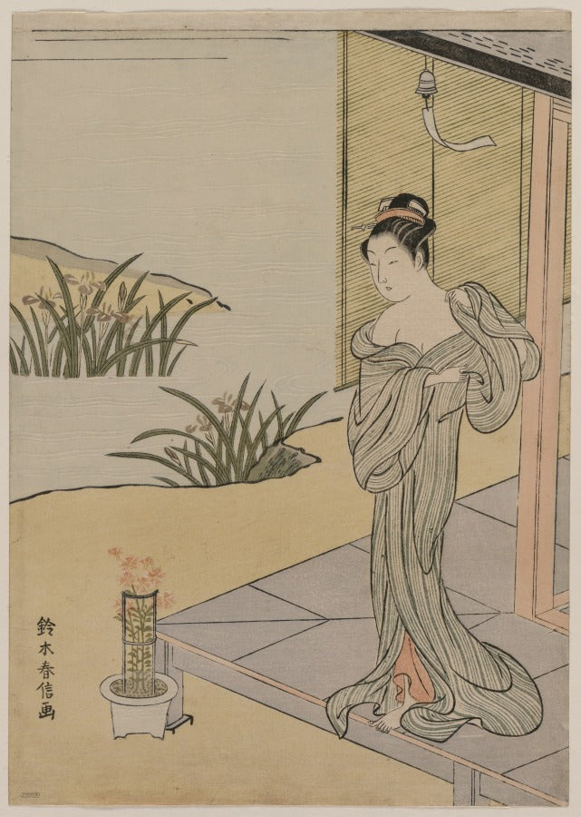 Young Woman Looking at a Pot of Pinks by Suzuki Harunobu (Japanese, 1724–1770) - Classic Painting canvas print