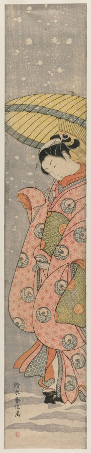 Young Woman Standing Under an Umbrella in the Snow by Suzuki Harunobu (Japanese, 1724–1770) - Classic Painting canvas print