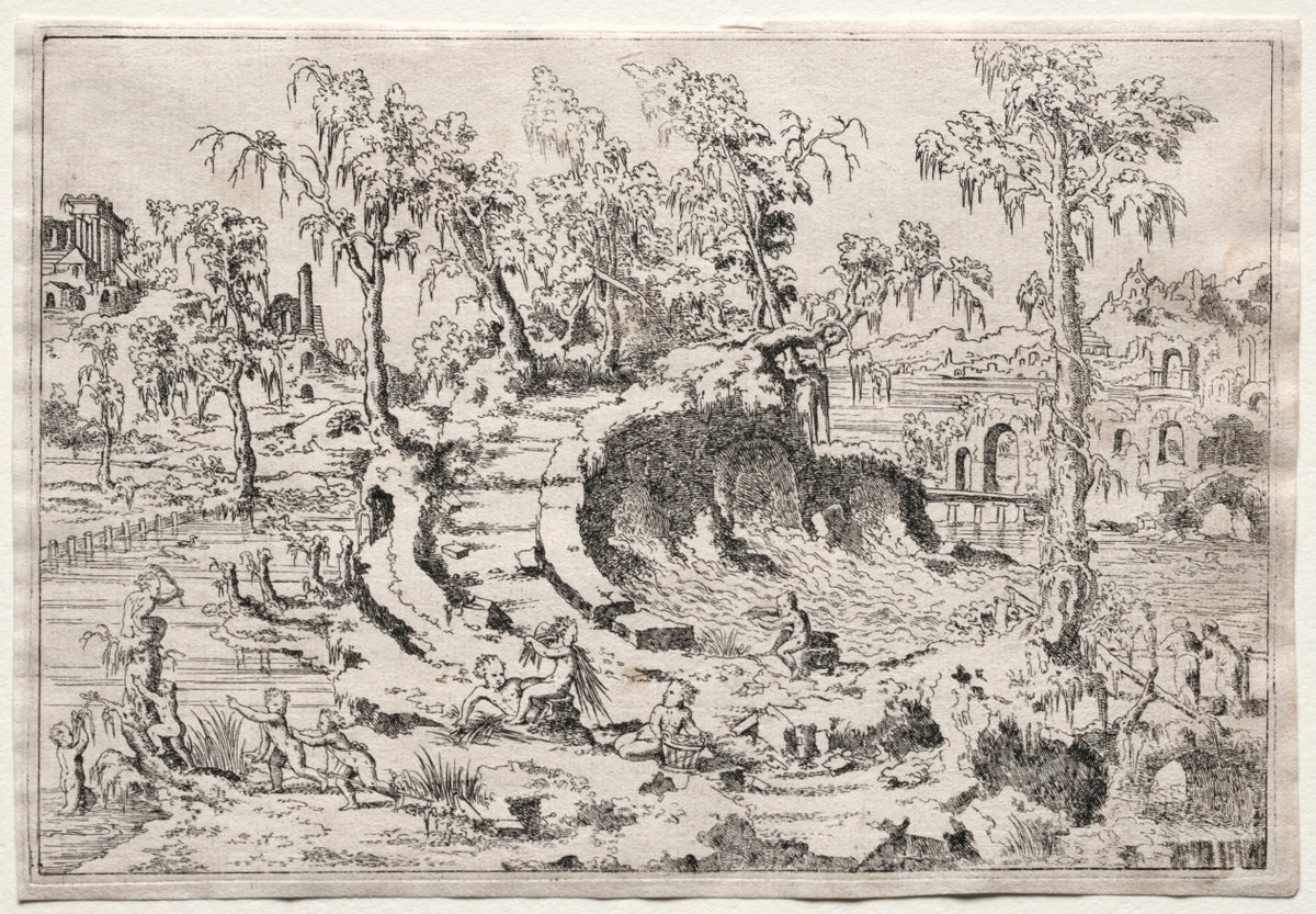 Landscape with Putti by Léon Davent (French) - Classic Painting canvas print