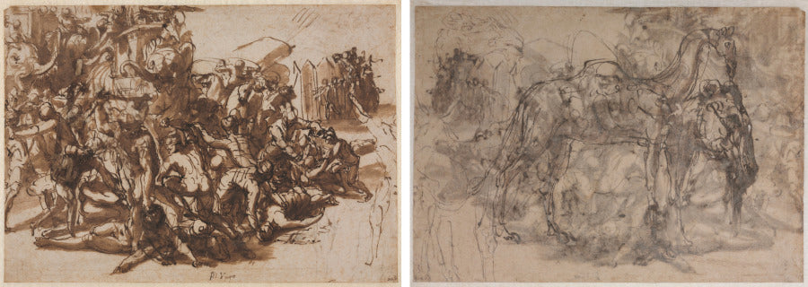 Poros Assailed by the Macedonian Army recto Sketches of Animals verso by Perino del Vaga (Italian, 1501–1547) - Classic Art canvas print