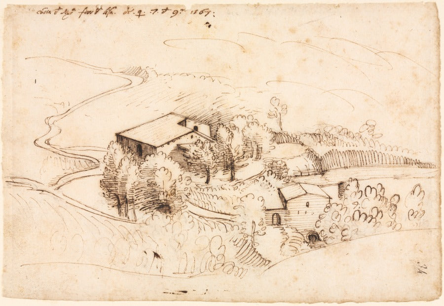 Farm with Trees in a Hilly Landscape by Gherardo Cibo (Italian, 1512–1600) - Classic Art canvas print
