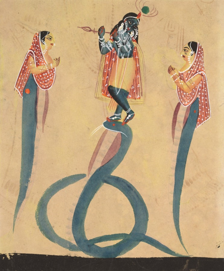 Krishna quells the serpent Kaliya verso, from a Kalighat album by  - Classic Art canvas print