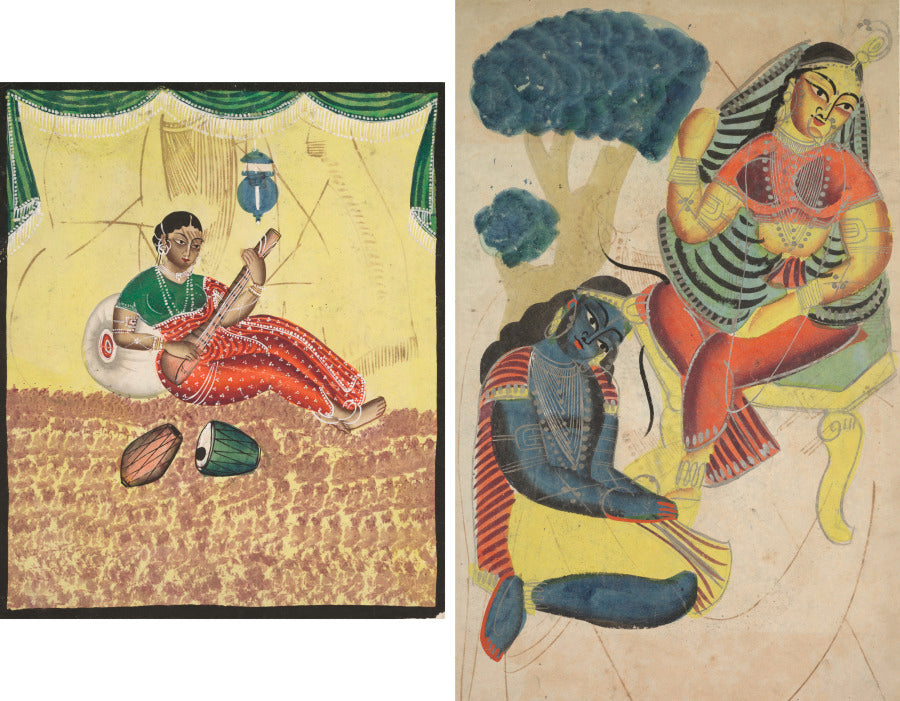 Leaf from a Kalighat album Woman Playing Music recto Krishna Stroking Radha's Feet verso by  - Classic Art canvas print