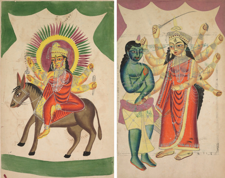Leaf from a Kalighat album Sheetaladevi The Smallpox Goddess recto Durga verso by  - Classic Art canvas print