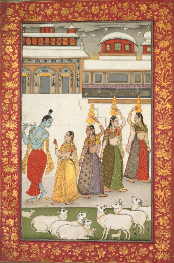 Gujari Ragini Krishna with Gopis Playing the Flute, from a Ragamala Series by  - Classic Art canvas print