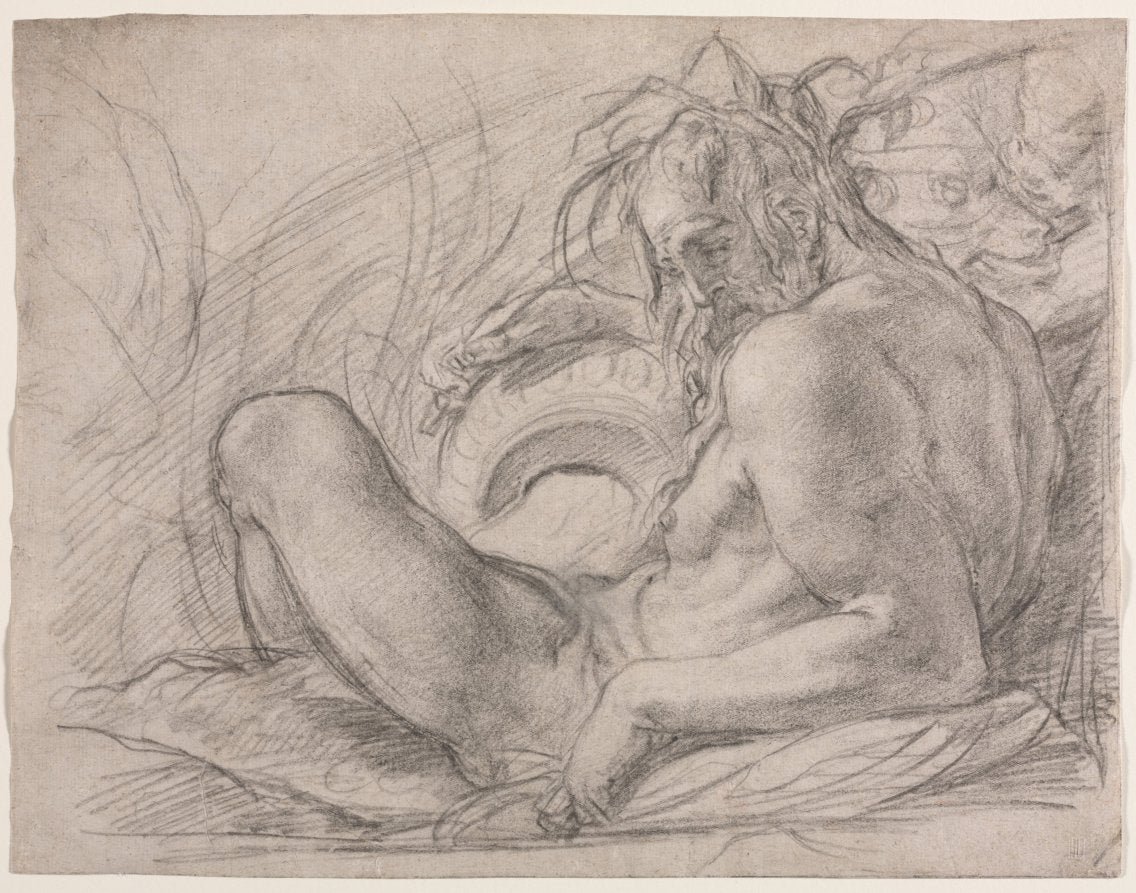 The River God Tiber Study for a fresco, Miracle of the Snow, or the Foundation of Santa Maria Maggiore, Rome in the Canigiani chapel of S. Felicita, Florence by Bernardino Poccetti (Italian, 1548–1612) - Classic Painting canvas print