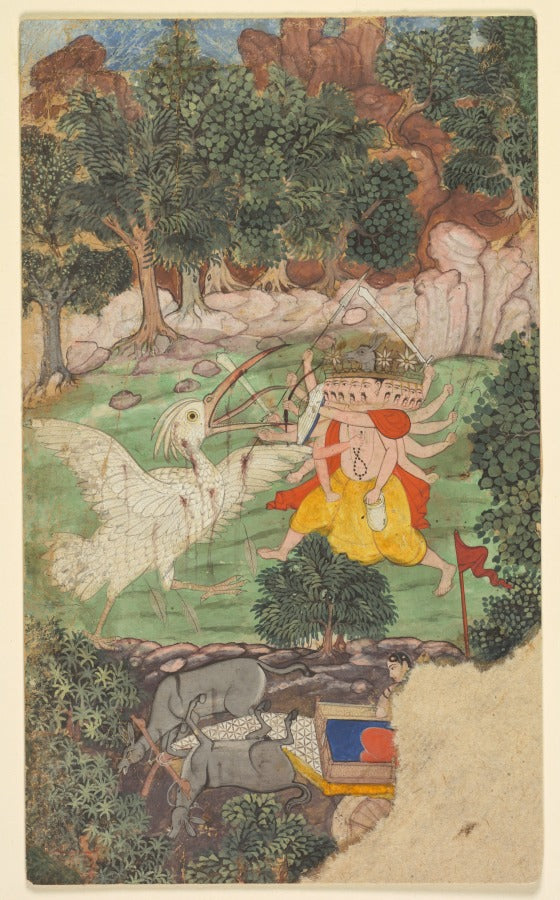 Battle of Ravana and Jatayu, from Chapters 50 and 51 of the Aranya Kanda Book of the Forest of Valmiki's Ramayana Ramas Journey folio from the Burnt Ramayana by  - Classic Art canvas print