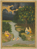 Women enjoying the river at the forests edge recto and flowering marigold verso by Hunhar II (Indian, active mid-1700s) - Classic Art canvas print