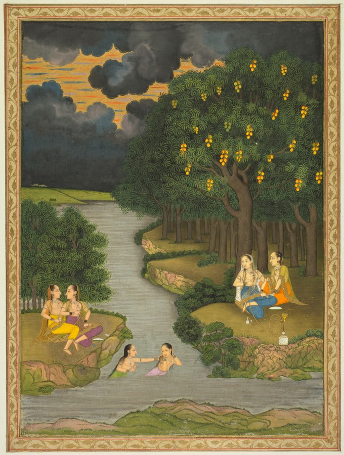 Women enjoying the river at the forests edge recto and flowering marigold verso by Hunhar II (Indian, active mid-1700s) - Classic Art canvas print