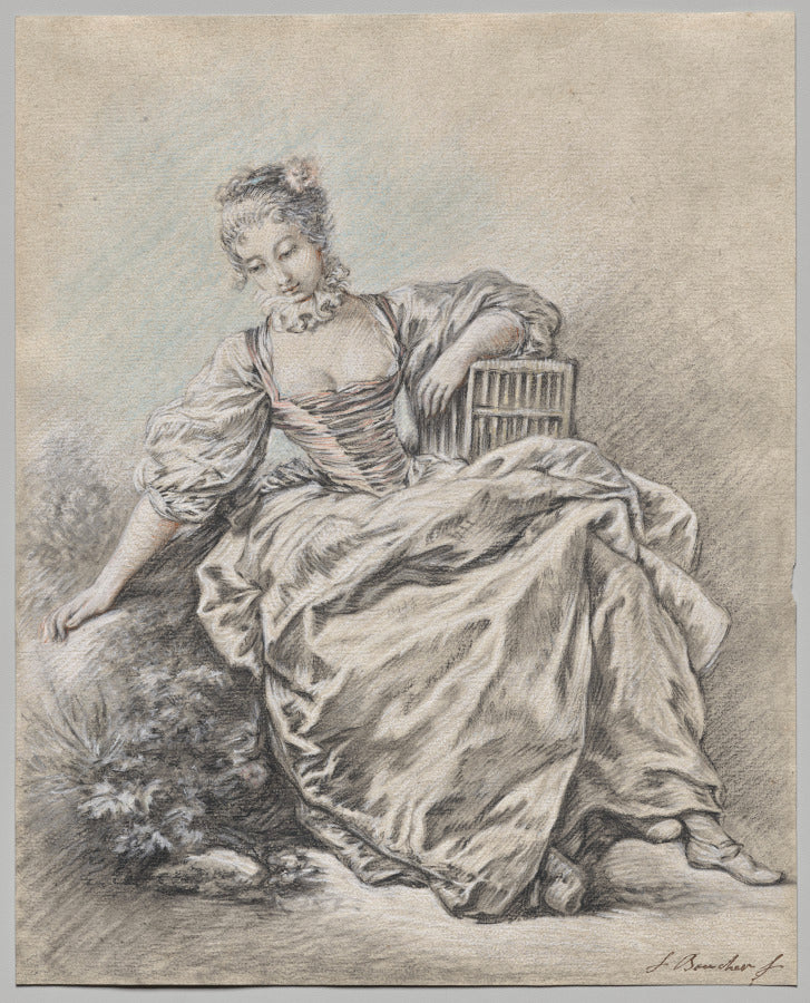 Seated Woman Holding a Bird Cage by François Boucher (French, 1703–1770) - Classic Painting canvas print