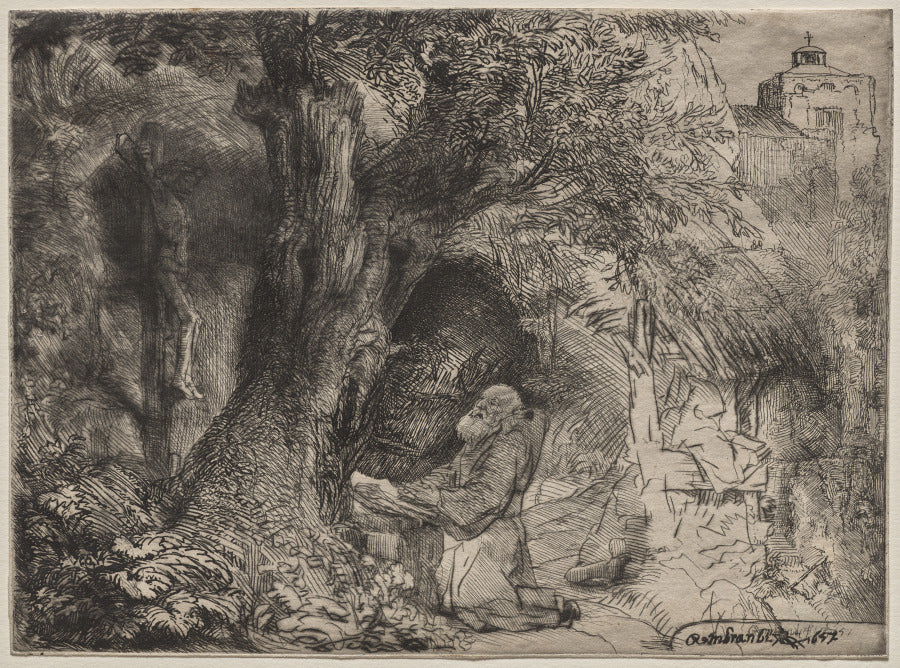 St. Francis Beneath a Tree Praying by Rembrandt van Rijn (Dutch, 1606–1669) - Classic Painting canvas print