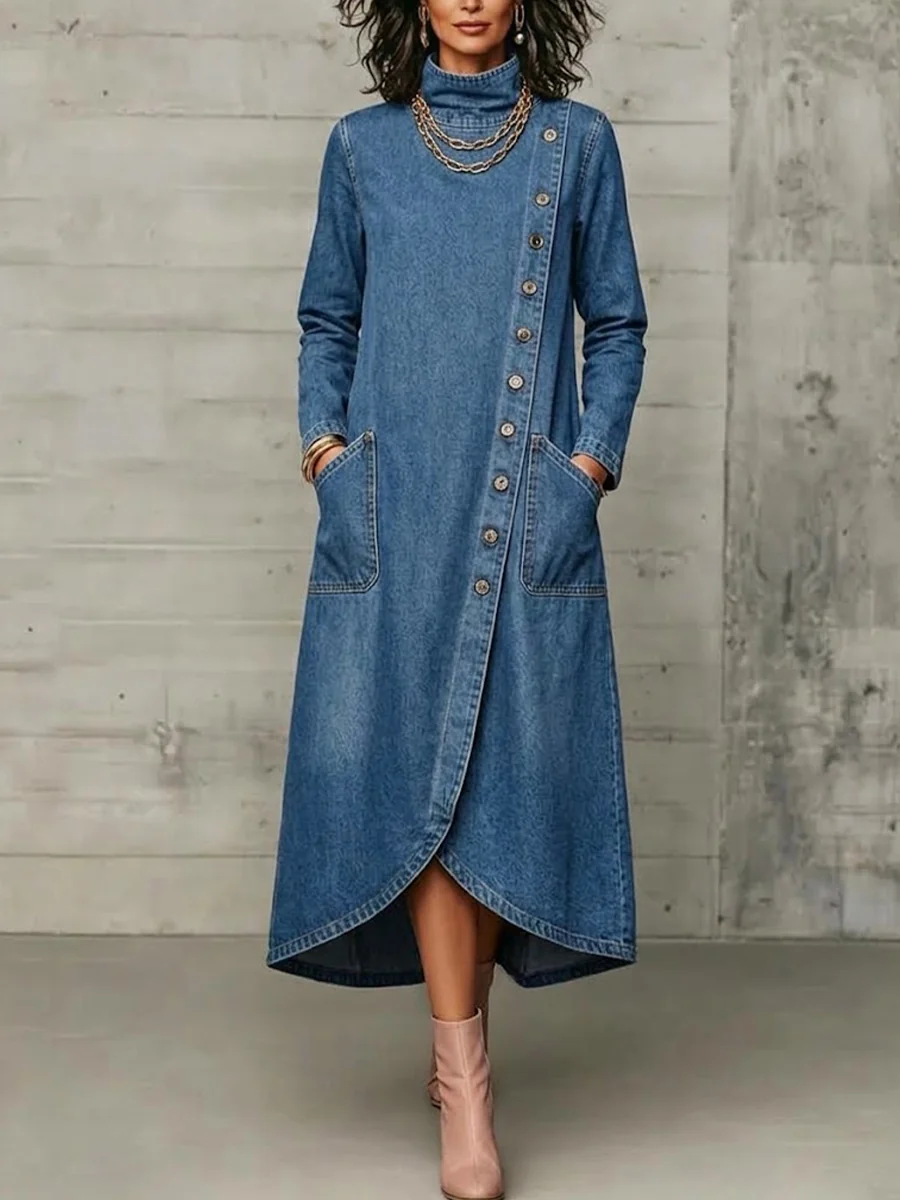 🤲LAST DAY SAVE 49% ⏰High Neck Diagonal Button Large Pocket Denim Maxi Dress