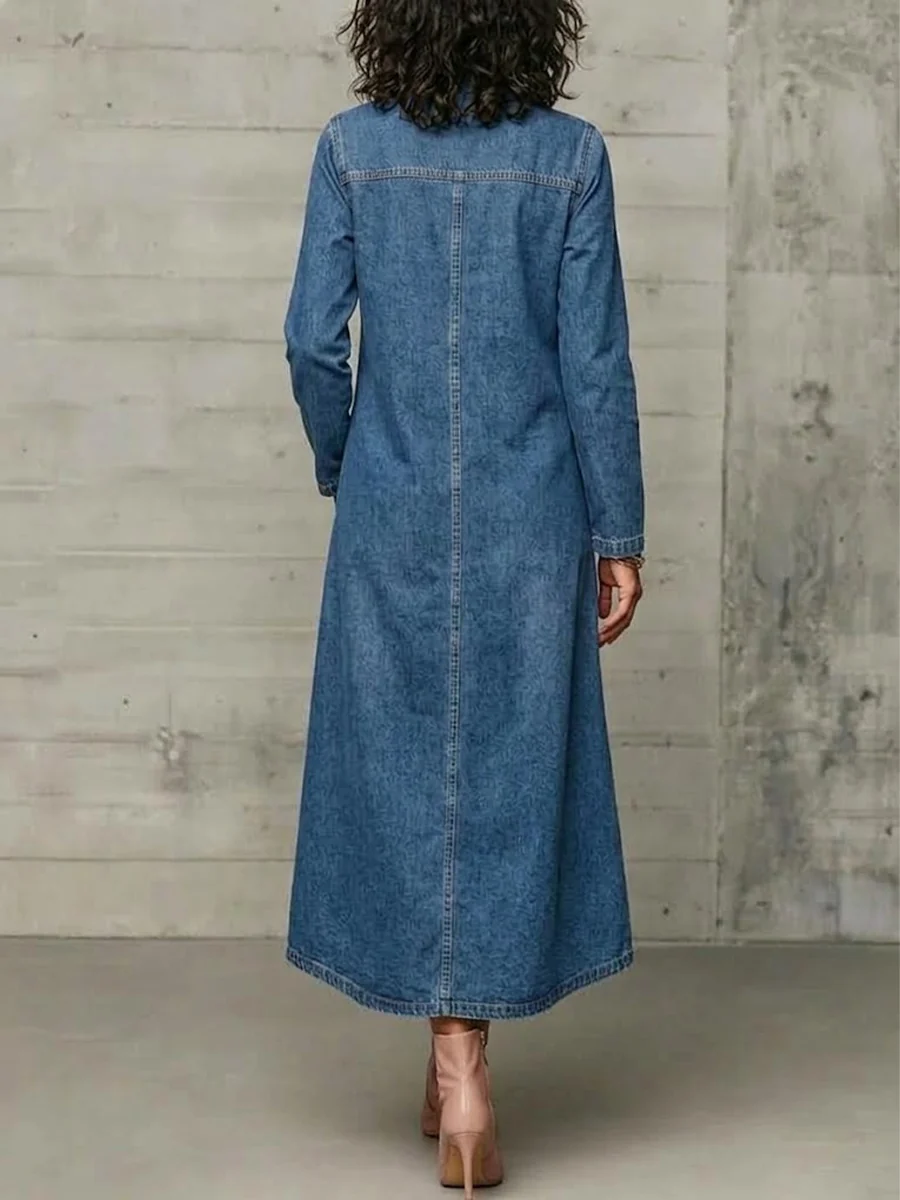 🤲LAST DAY SAVE 49% ⏰High Neck Diagonal Button Large Pocket Denim Maxi Dress