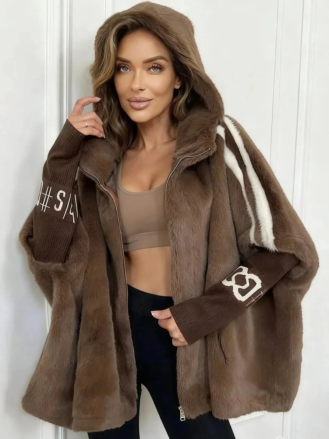 Brown Plush Hooded Cape Jacket with Knit Cuffs