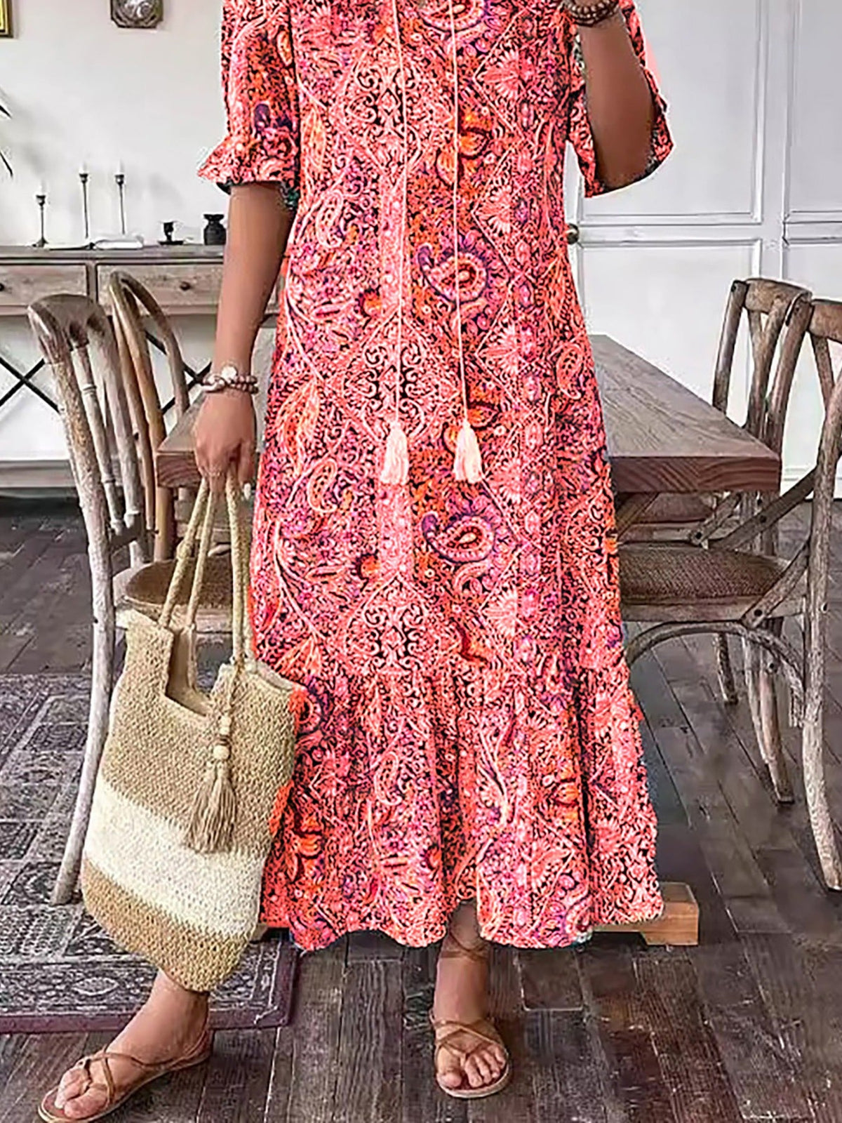 Paisley Bohemian Long Length Vintage Print Tassel Tie Neck Tunic Dress - Elegant Vacation Style with Drawstring, Ruffle Hem, and Random Printing
