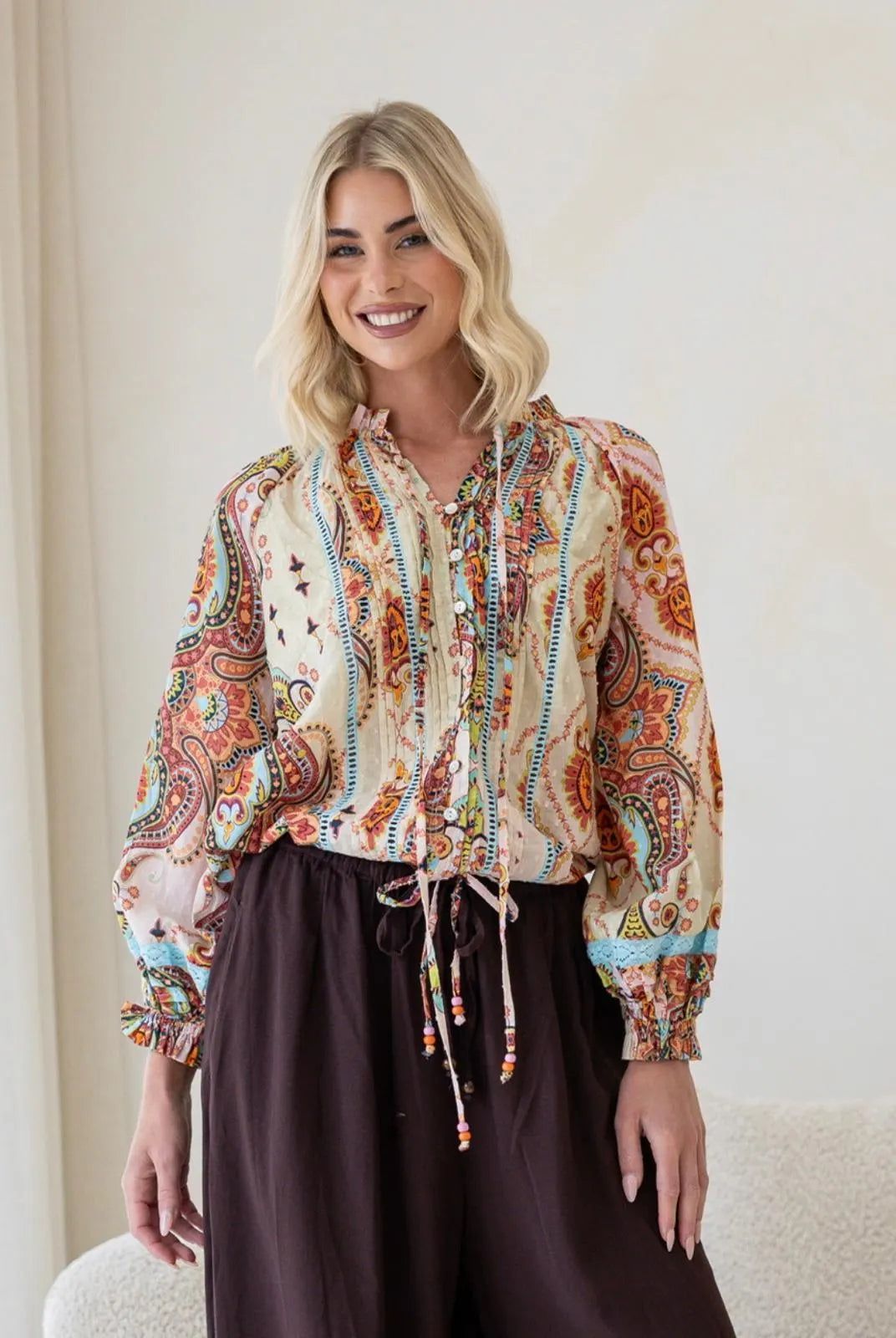 Bohemian Paisley Lace Drawstring Blouse - Soft Pink Soft Green