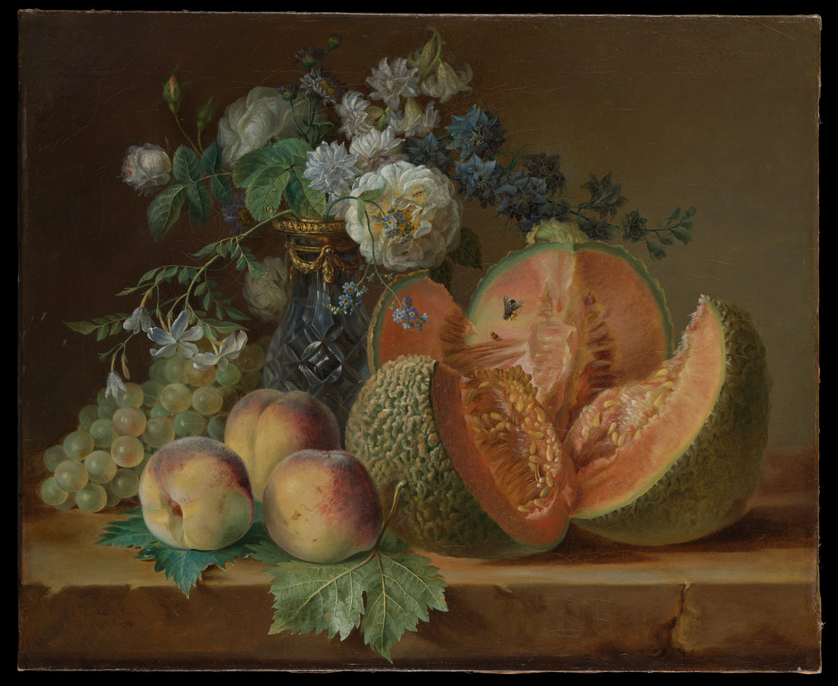 Still Life with a Vase of Flowers, Melon, Peaches, and Grapes by Charlotte Eustache Sophie de Fuligny Damas, marquise de Grollier - Oil Painting canvas print