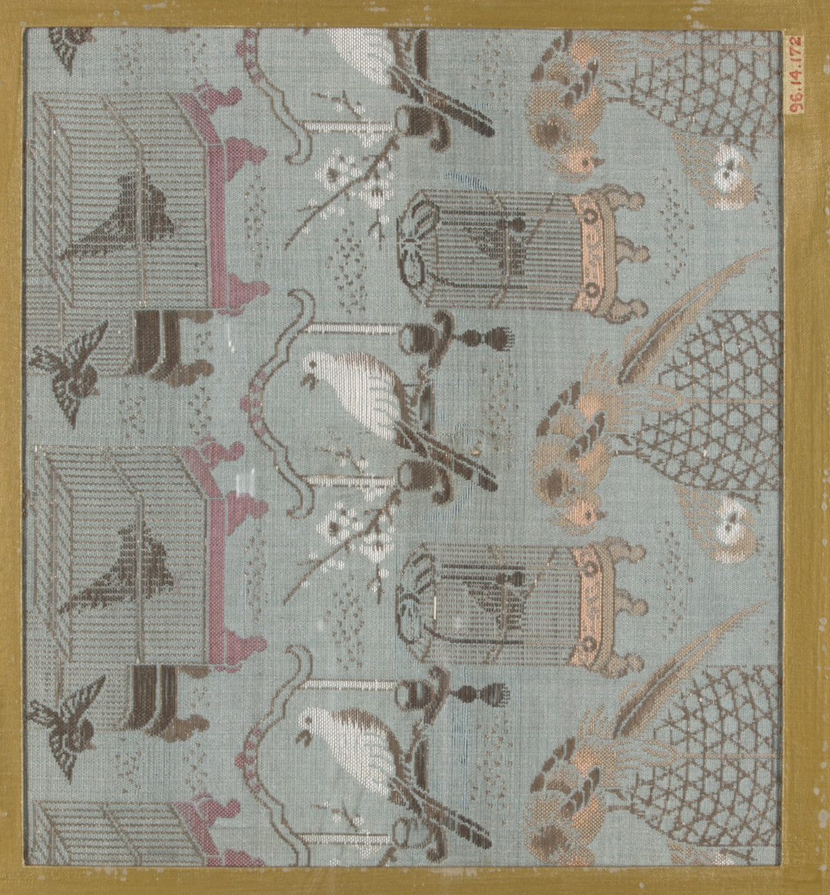 Textile fragment with incomplete repeating pattern of birds and bird cages by  - Classic Art canvas print