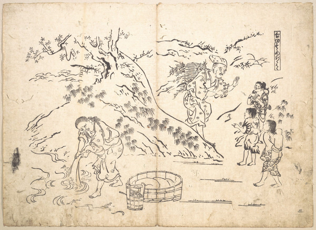 Fagotgatherer Finds Boy with Sparrow by Okumura Masanobu - Ukiyo-e canvas print