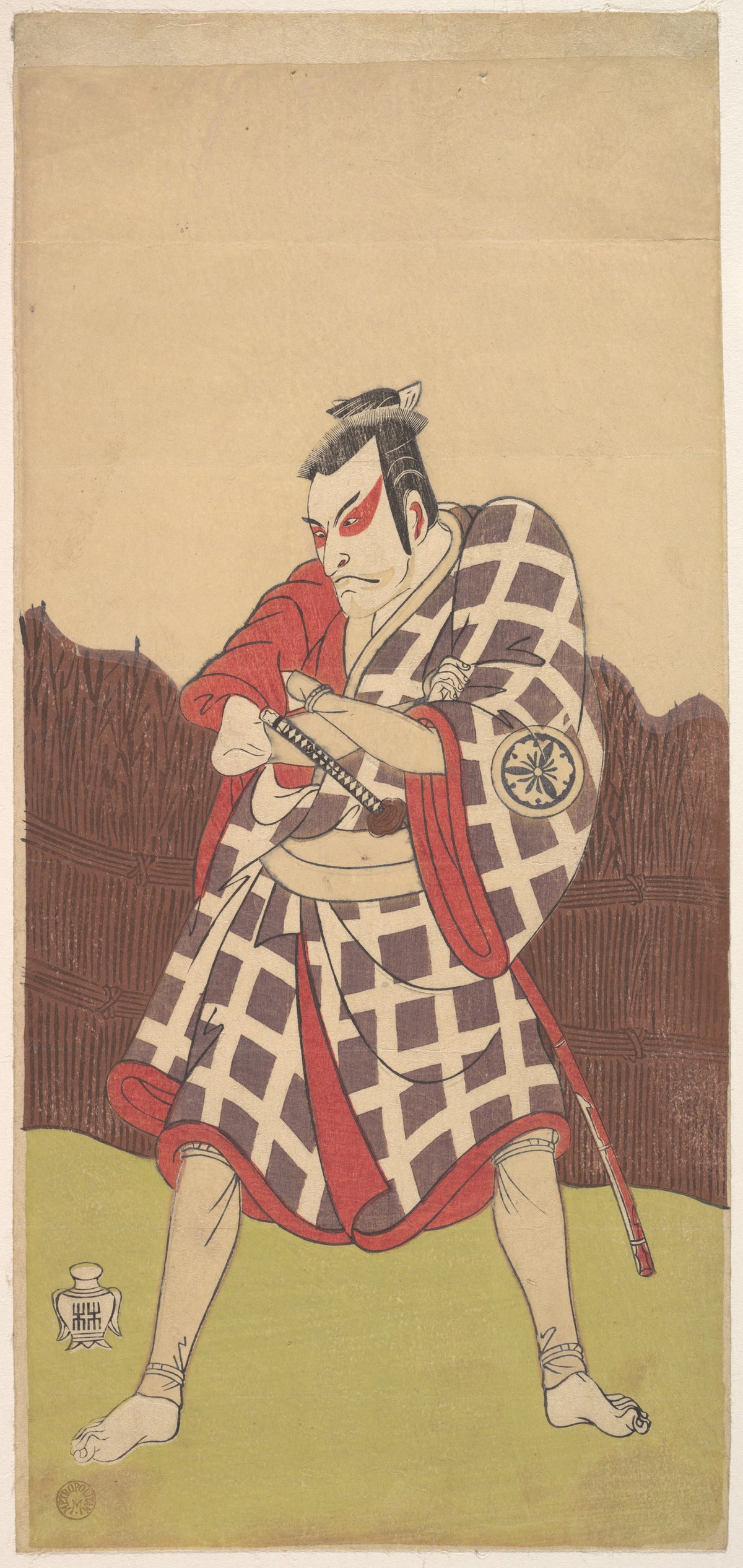 The Actor Matsumoto Koshiro 3rd as a Man who Stands with Arms Folded near a Brush Fence by Katsukawa Shunshō　勝川春章 - Ukiyo-e canvas print