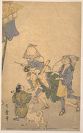 Three Revelers of the Lower Classes, Wearing Komuso Hats, with Small Boy and Dog by Kitagawa Utamaro - Ukiyo-e canvas print