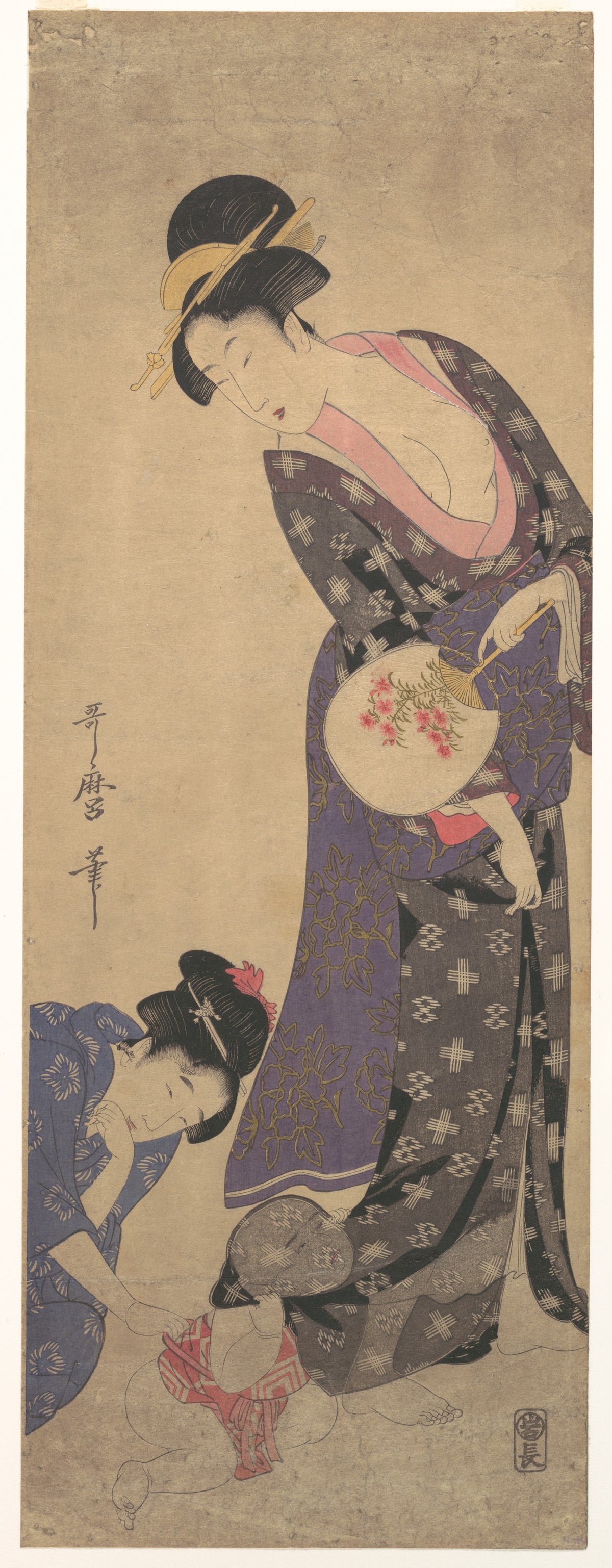 Two Women with a Baby who is Playing on the Floor by Kitagawa Utamaro - Ukiyo-e canvas print
