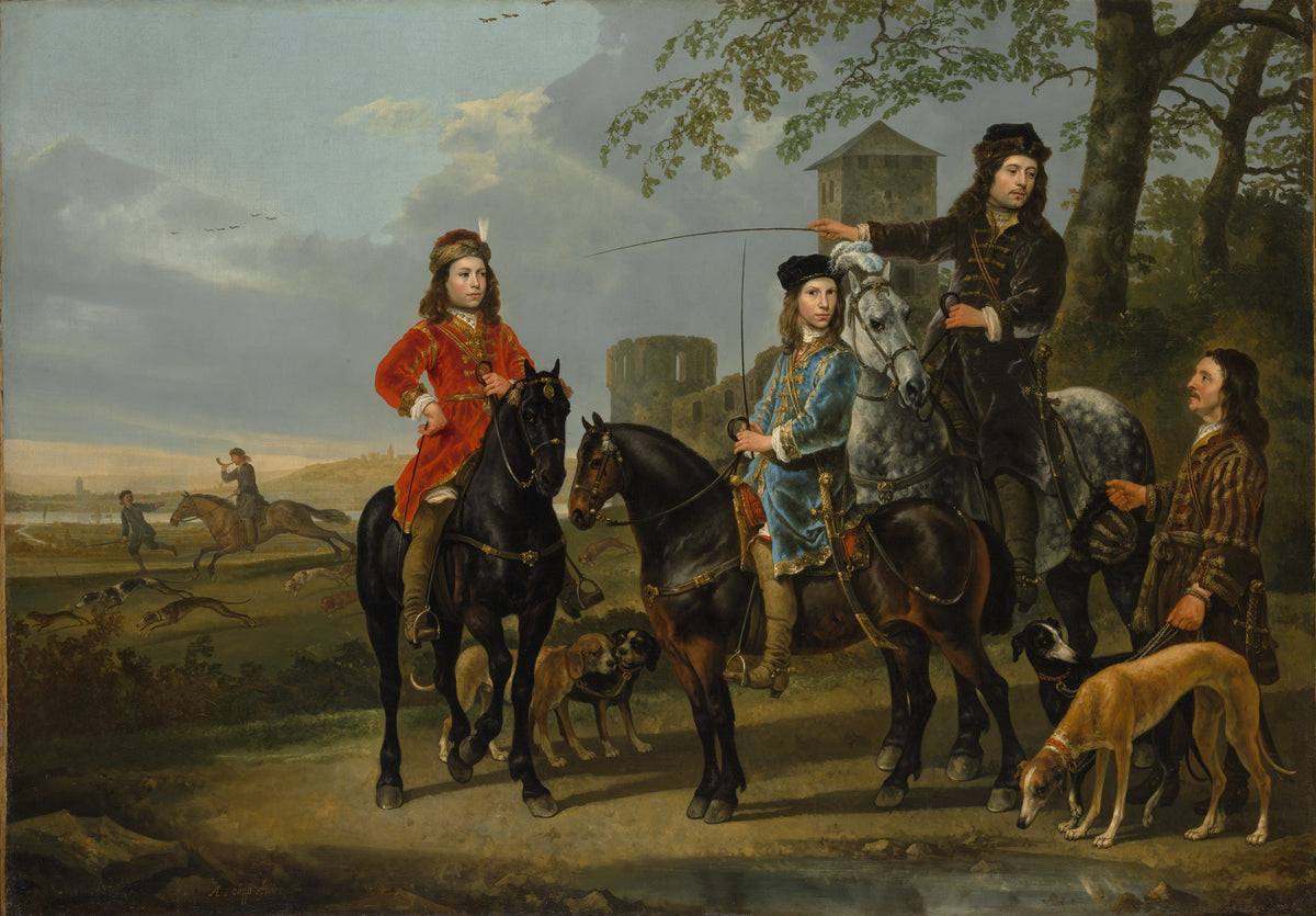 Equestrian Portrait of Cornelis 16391680 and Michiel Pompe van Meerdervoort 16381653 with Their Tutor and Coachman by Aelbert Cuyp - Oil Painting canvas print