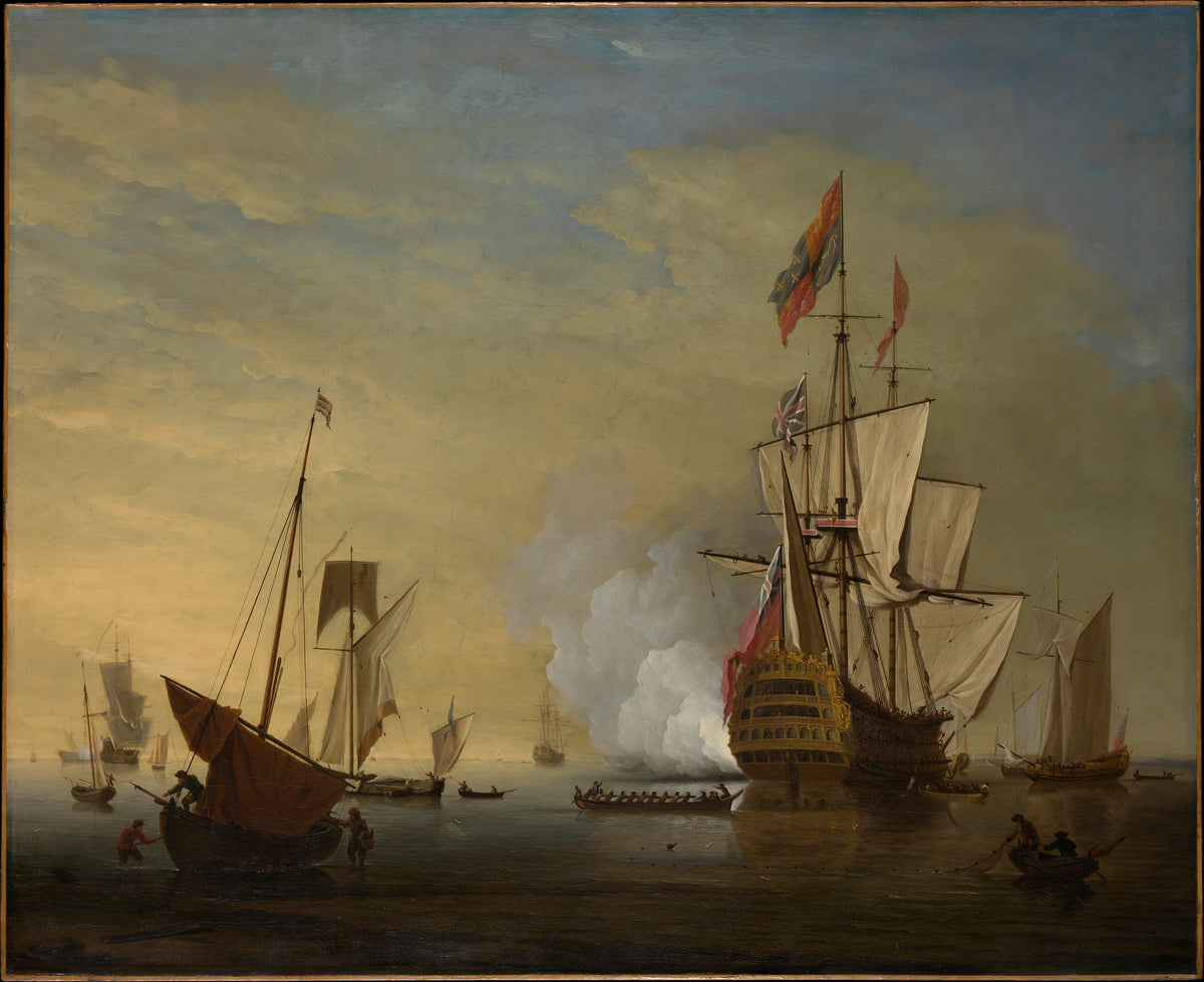 Harbor Scene An English Ship with Sails Loosened Firing a Gun by Peter Monamy - Oil Painting canvas print