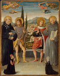 Saints Nicholas of Tolentino, Roch, Sebastian, and Bernardino of Siena, with Kneeling Donors by Benozzo Gozzoli (Benozzo di Lese di Sandro) - Tempera canvas print