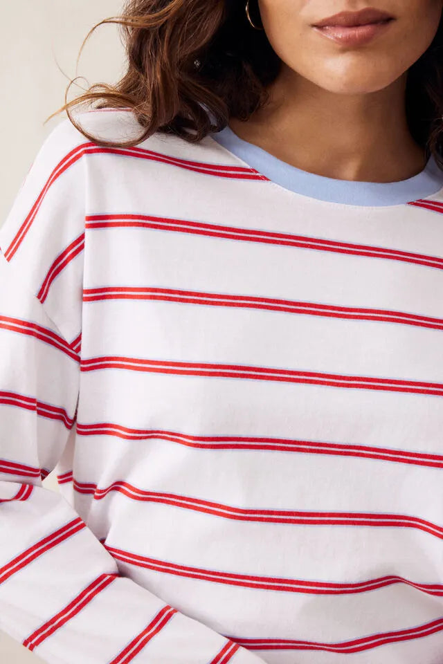 Scout Slouchy Long Sleeve Tee - White/China Blue Chilli Red Stripe