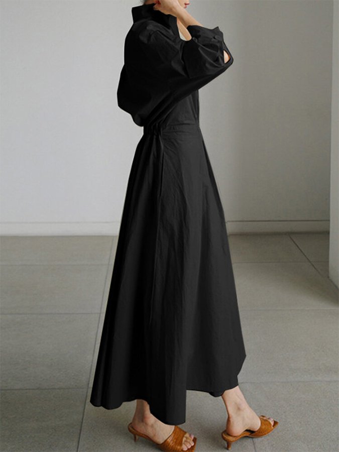 Women's Solid Pocket Button Lapel Long Sleeve Maxi Shirt Casual Dress