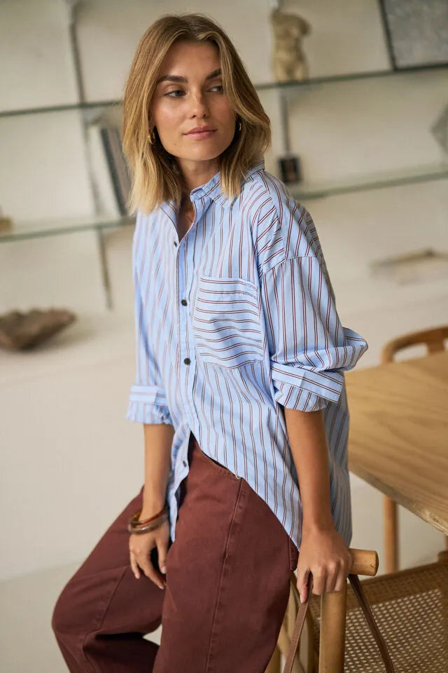 Peta Oversized Shirt - Sky Blue Burgundy Stripe