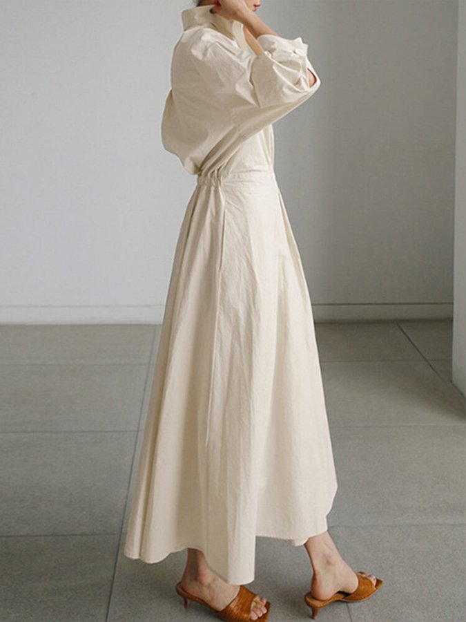 Women's Solid Pocket Button Lapel Long Sleeve Maxi Shirt Casual Dress